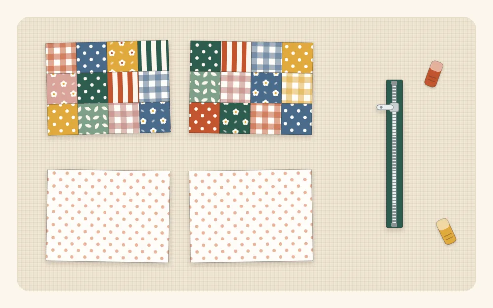 Two patchwork outer panels, two lining rectangles and a zipper laid out ready for sewing