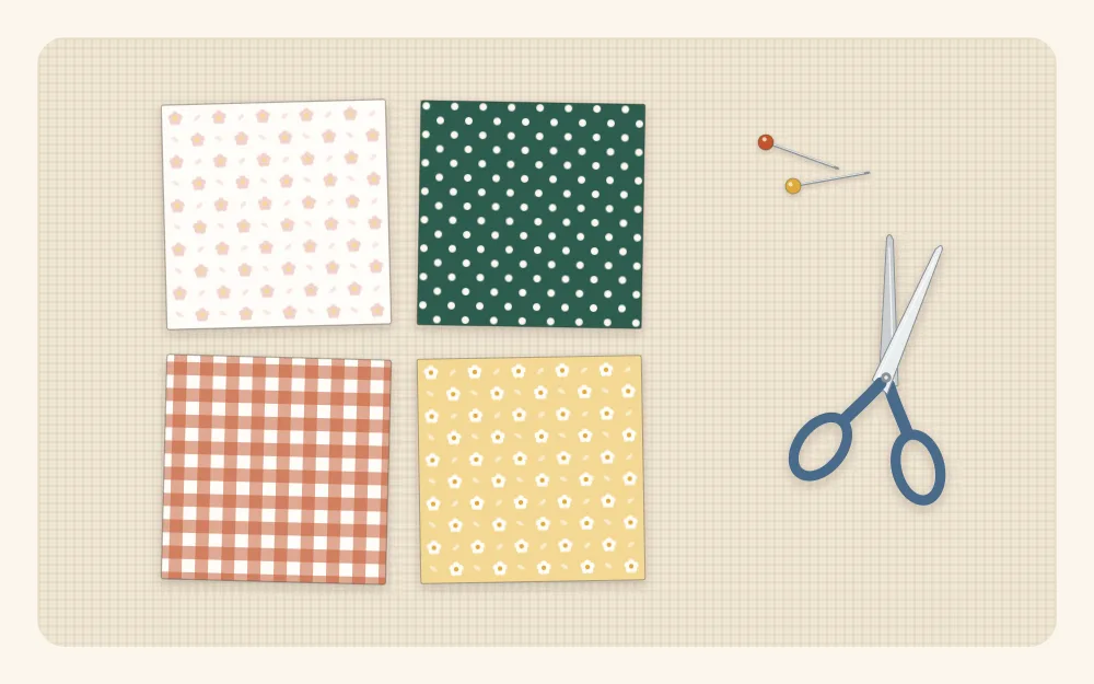 Four small fabric squares in different prints arranged two by two
