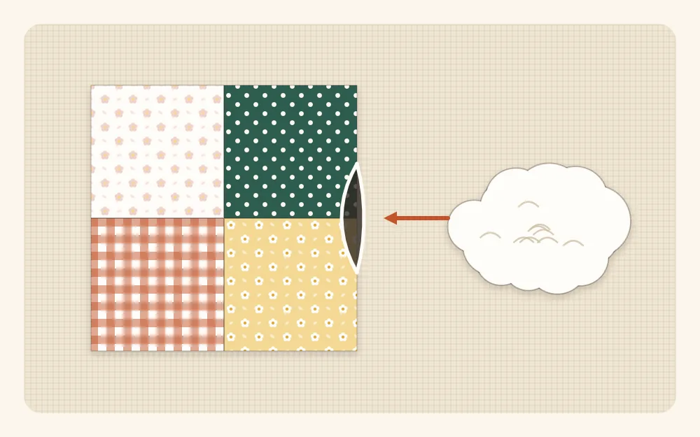 A square patchwork pincushion turned right side out with a gap left open on one side and a pile of stuffing beside it