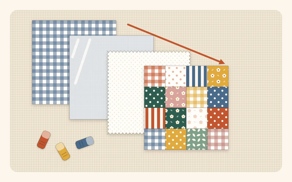 Four square layers fanned out in stacking order: backing, insulating layer, batting and patchwork top