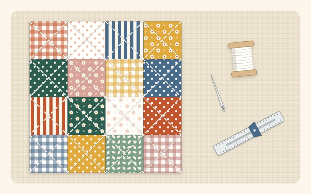 Diagonal quilting lines stitched across a patchwork top made of small print squares
