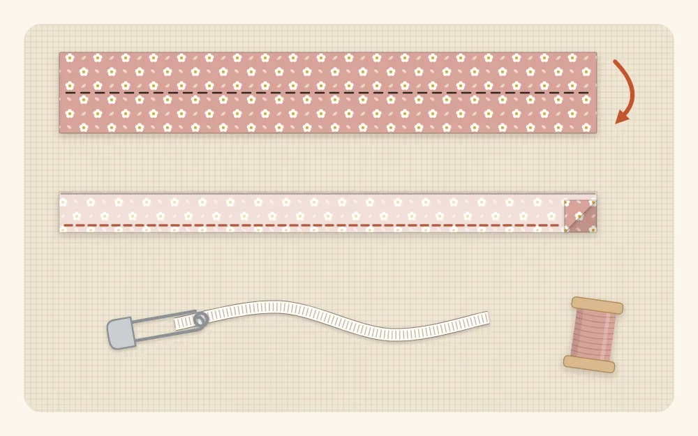 Illustration of a long fabric strip folded in half lengthwise beside a length of elastic with a safety pin fastened to one end
