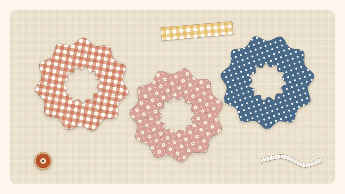 Illustration of three scrunchies in different prints, gingham, small floral and polka dot