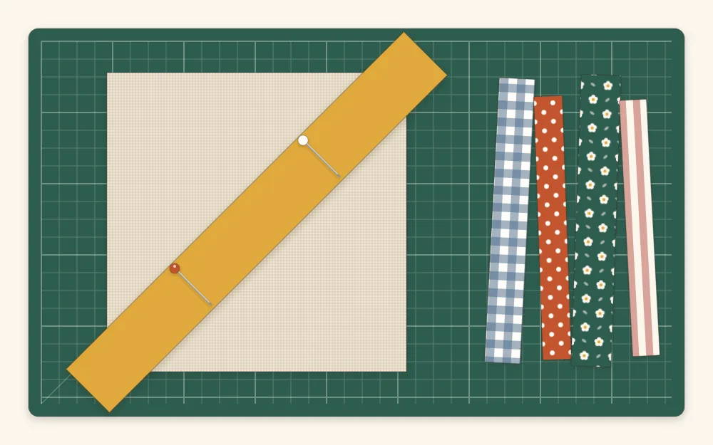 Flat illustration of a square foundation with a single fabric strip laid diagonally from one corner to the opposite corner