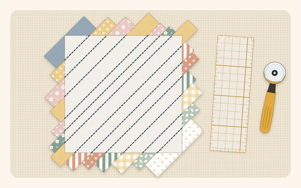 Flat illustration of a finished string block lying face down, with the ends of the fabric strips overhanging the square foundation
