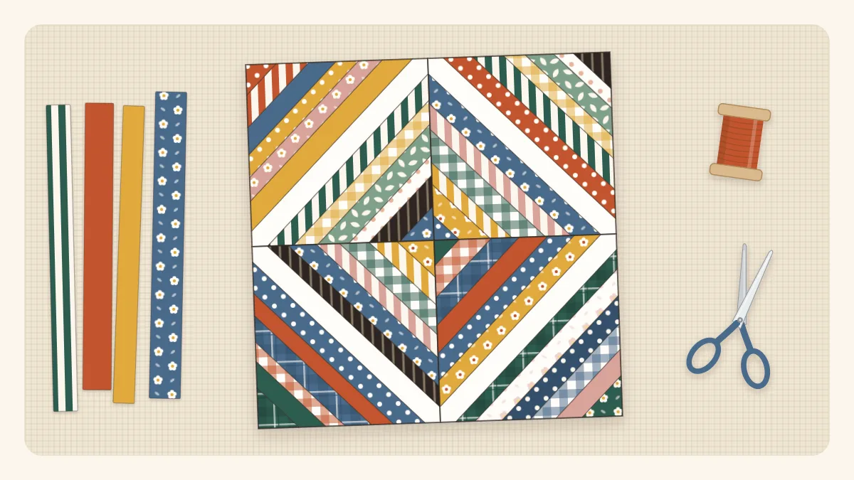 Flat illustration of four diagonal string blocks set together so their center strips form a diamond