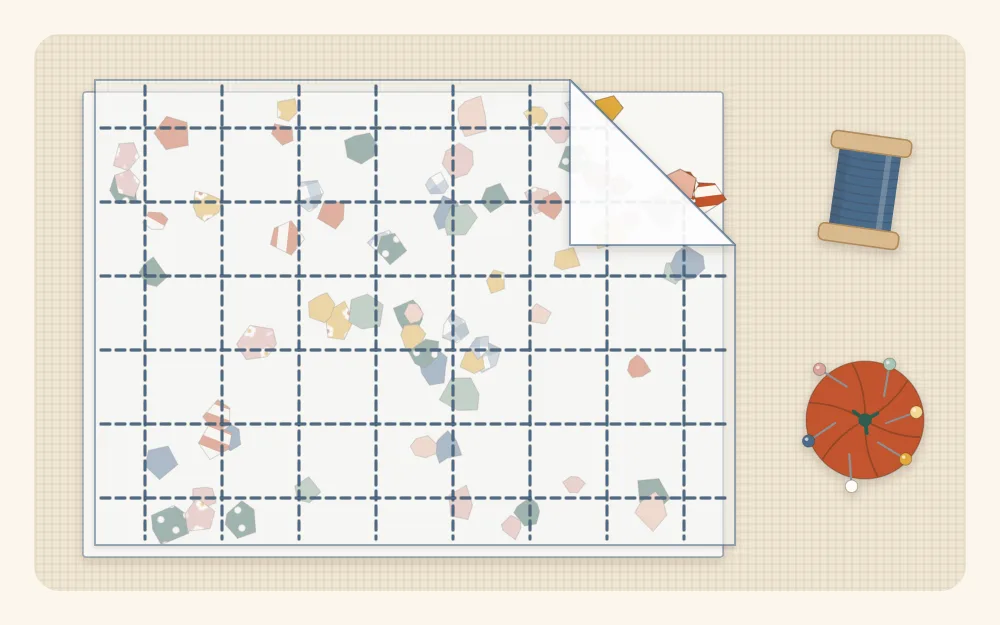 Illustration of tiny fabric bits scattered between two sheer layers with rows of stitching crossing over them