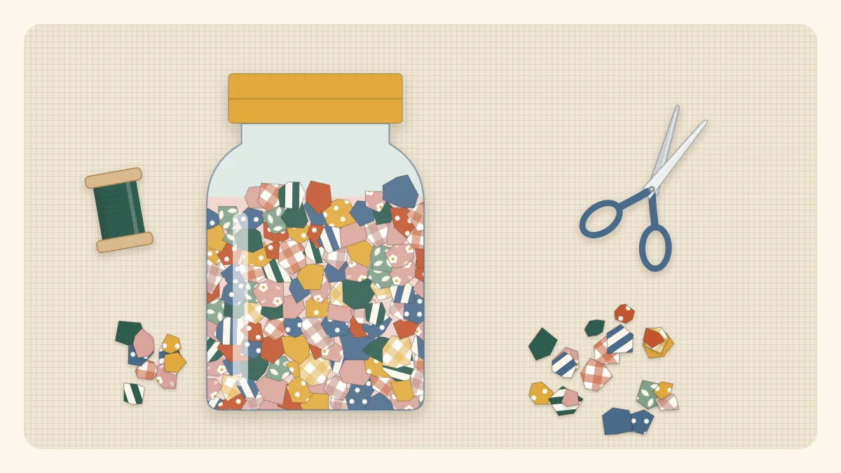 Illustration of a small jar filled with tiny colorful fabric trimmings